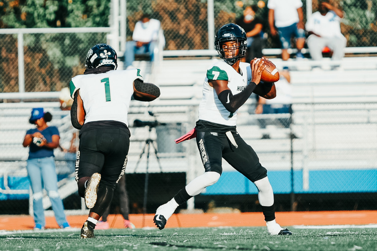 Week 7: Langston Hughes quarterback Prentiss “Air” Noland looks for a receiver during the Panthers’ 31-24 win at Westlake. (Photo by Macen Howells)